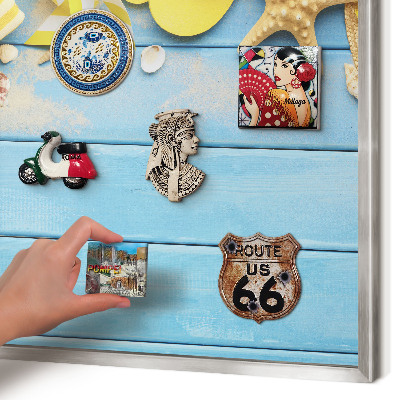 Souvenir magnet display board with a silver frame Beach vibe