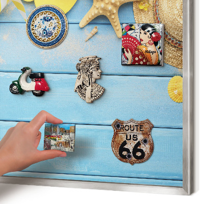 Souvenir magnet display board with a silver frame Beach vibe