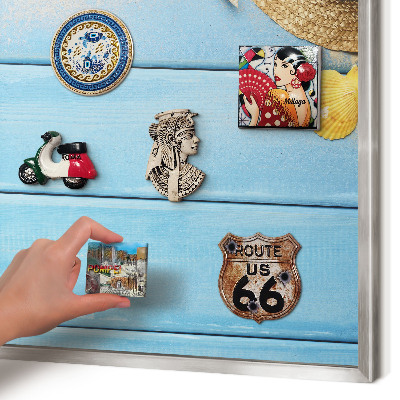 Souvenir magnet display board with a silver frame Beach vibe