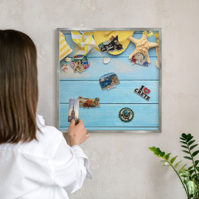 Souvenir magnet display board with a silver frame Beach vibe