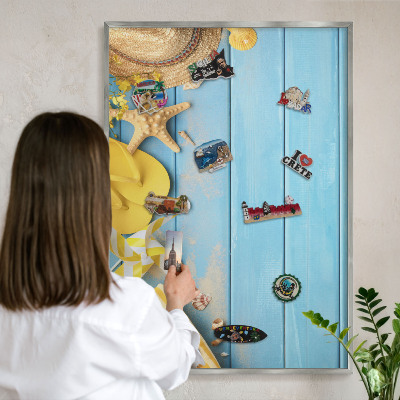 Souvenir magnet display board with a silver frame Beach vibe