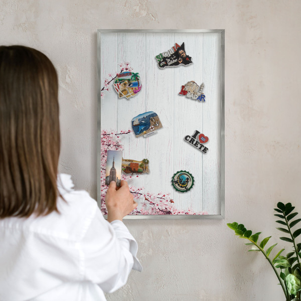 Souvenir magnet display board with a silver frame Blooming Elegance