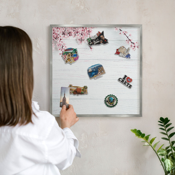 Souvenir magnet display board with a silver frame Blooming Elegance