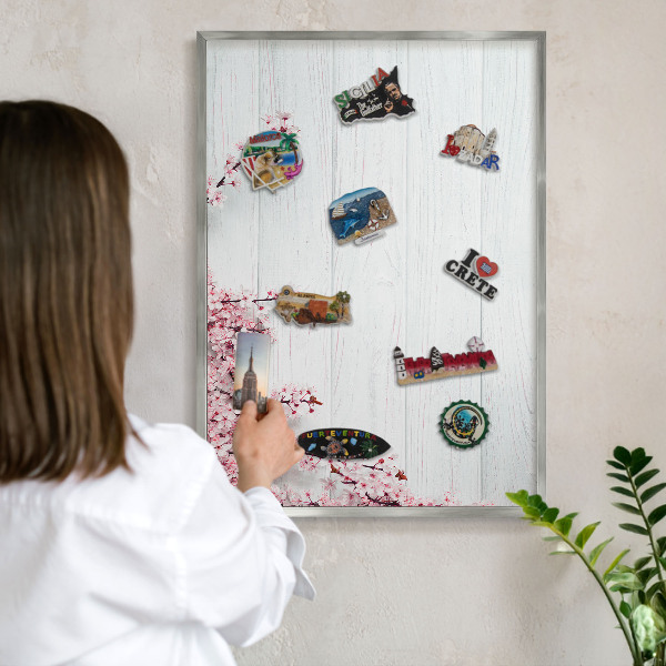 Souvenir magnet display board with a silver frame Blooming Elegance