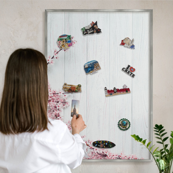 Souvenir magnet display board with a silver frame Blooming Elegance