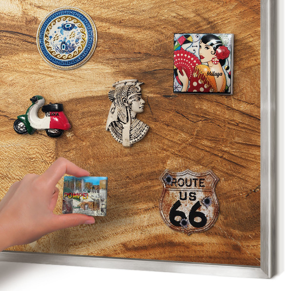 Souvenir magnet display board with a silver frame Natural wood