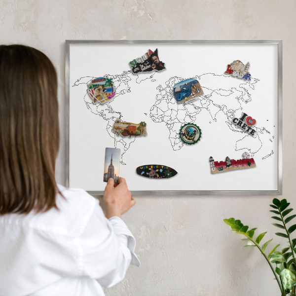 Souvenir magnet display board with a silver frame Contour map