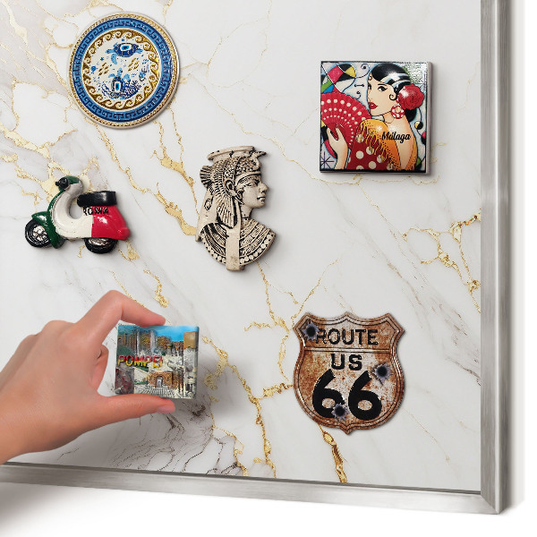 Souvenir magnet display board with a silver frame Marble elegance