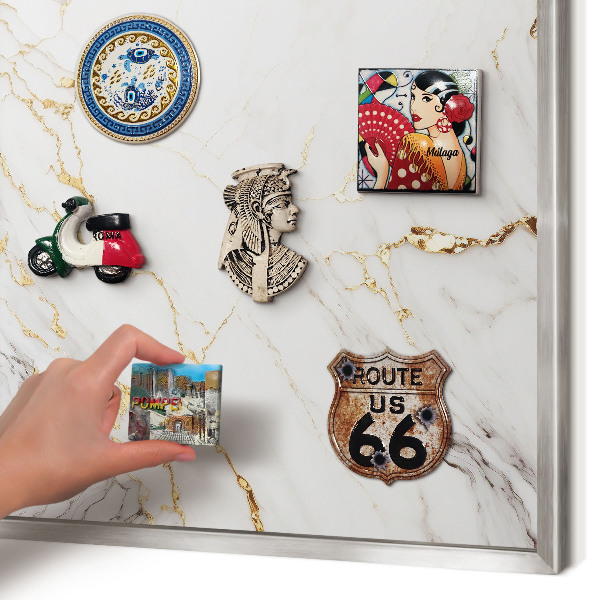 Souvenir magnet display board with a silver frame Marble elegance