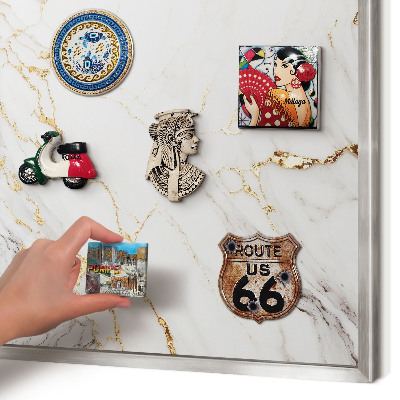 Souvenir magnet display board with a silver frame Marble elegance