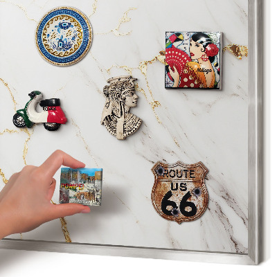 Souvenir magnet display board with a silver frame Marble elegance