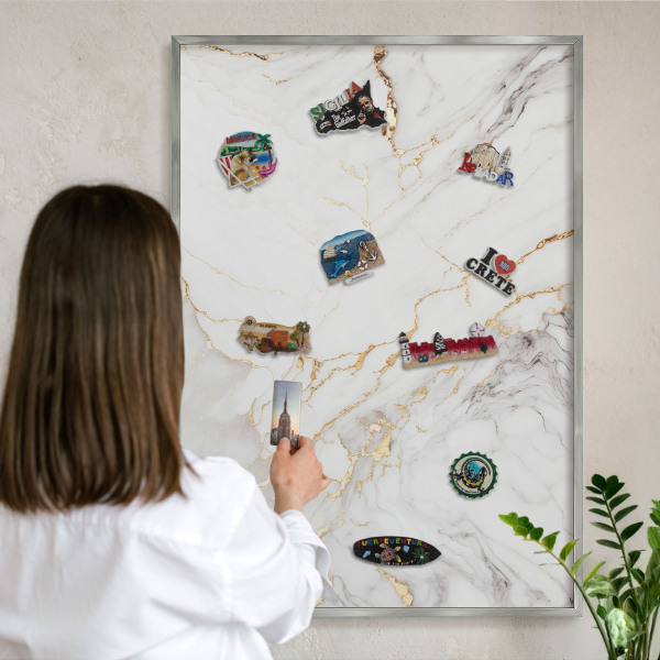 Souvenir magnet display board with a silver frame Marble elegance