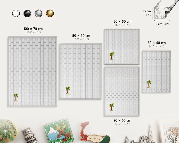 Souvenir magnet display board with a silver frame White bricks