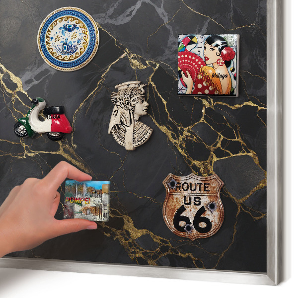 Souvenir magnet display board with a silver frame Black marble