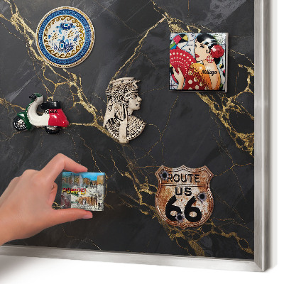 Souvenir magnet display board with a silver frame Black marble
