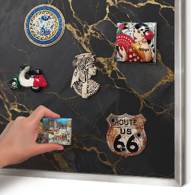 Souvenir magnet display board with a silver frame Black marble