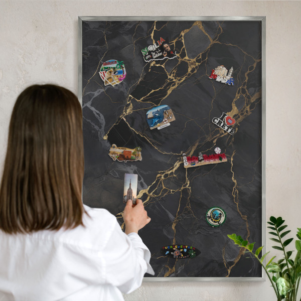 Souvenir magnet display board with a silver frame Black marble