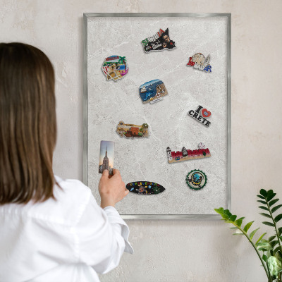 Printed magnet board in a silver frame Gray marble