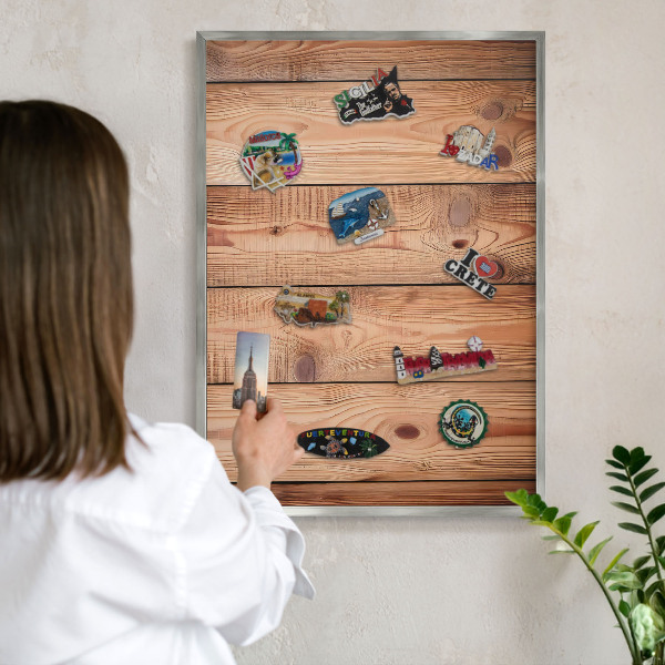 Printed magnet board in a silver frame Wooden boards