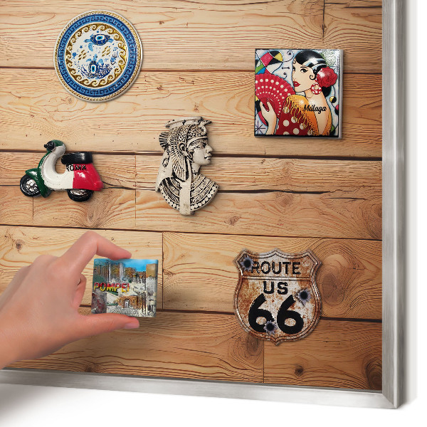 Souvenir magnet display board with a silver frame Wooden boards