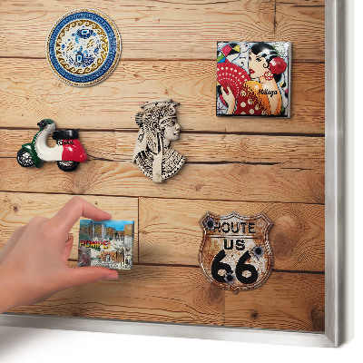 Souvenir magnet display board with a silver frame Wooden boards