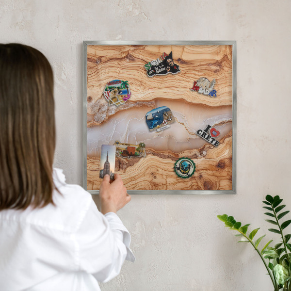 Printed magnet board in a silver frame Wooden elegance