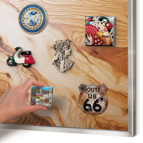 Souvenir magnet display board with a silver frame Wooden texture