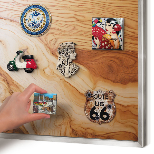 Souvenir magnet display board with a silver frame Wooden texture