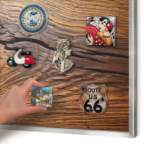 Printed magnet board in a silver frame Wood texture