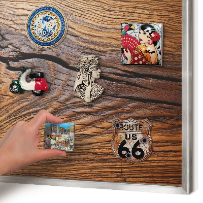 Printed magnet board in a silver frame Wood texture