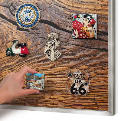Printed magnet board in a silver frame Wood texture