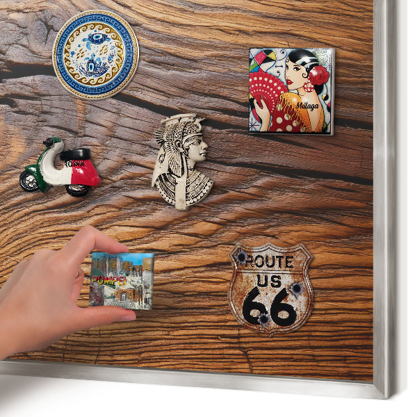 Printed magnet board in a silver frame Wood texture
