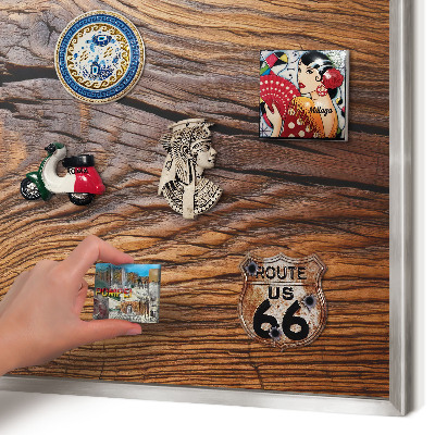 Printed magnet board in a silver frame Wood texture