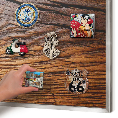 Printed magnet board in a silver frame Wood texture