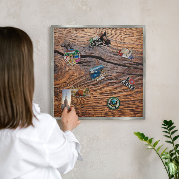 Printed magnet board in a silver frame Wood texture
