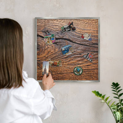 Printed magnet board in a silver frame Wood texture