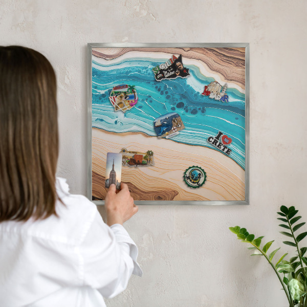 Souvenir magnet display board with a silver frame Earth's layers