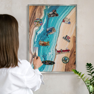 Souvenir magnet display board with a silver frame Earth's layers
