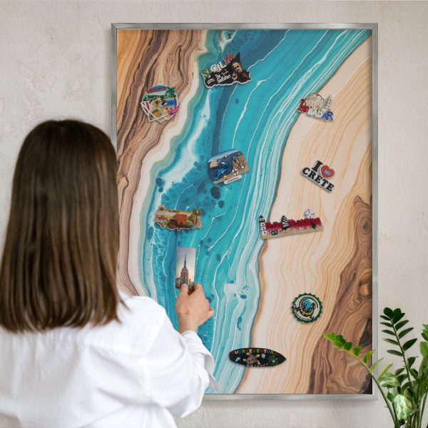 Souvenir magnet display board with a silver frame Earth's layers