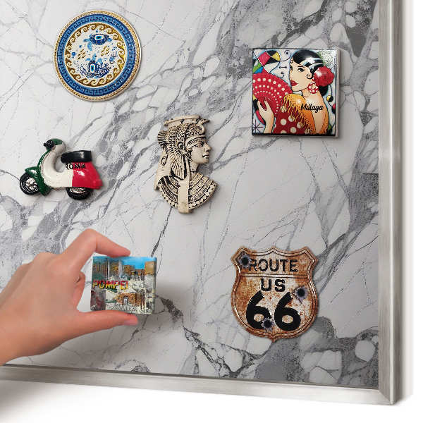 Souvenir magnet display board with a silver frame Marble elegance