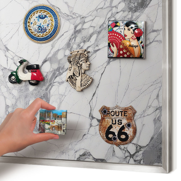 Souvenir magnet display board with a silver frame Marble elegance