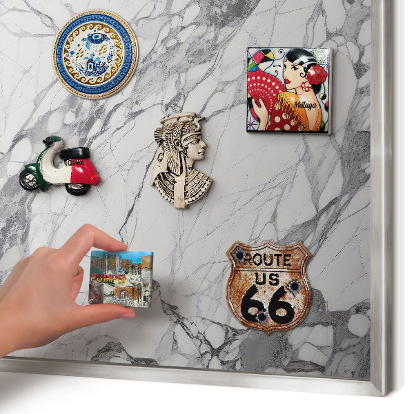 Souvenir magnet display board with a silver frame Marble elegance