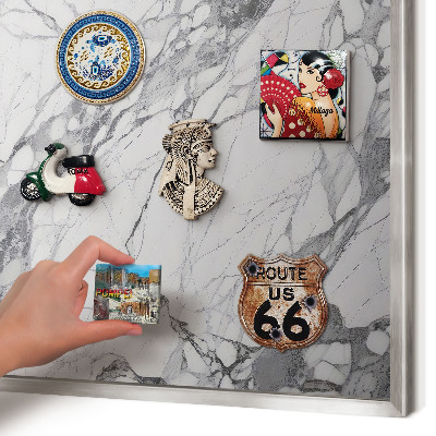 Souvenir magnet display board with a silver frame Marble elegance