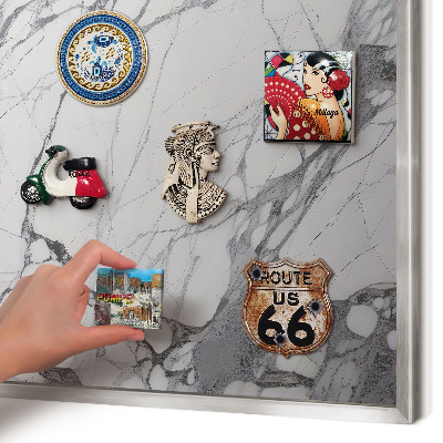 Souvenir magnet display board with a silver frame Marble elegance