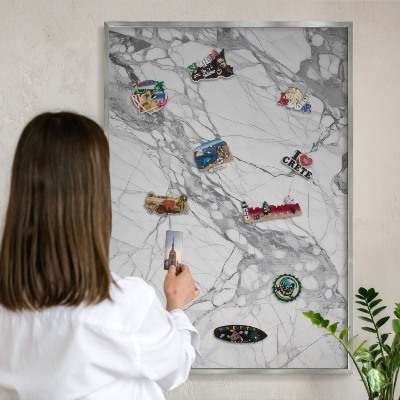 Souvenir magnet display board with a silver frame Marble elegance