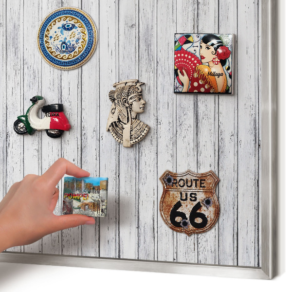Souvenir magnet display board with a silver frame Light wood