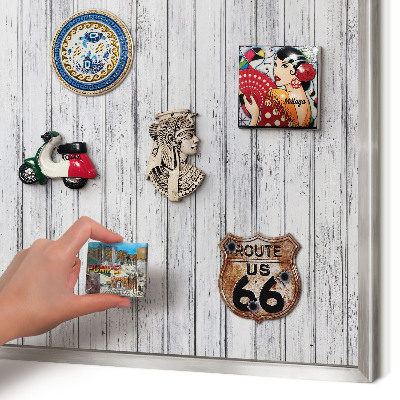 Souvenir magnet display board with a silver frame Light wood