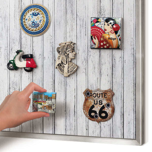 Souvenir magnet display board with a silver frame Light wood