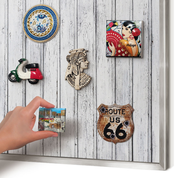 Souvenir magnet display board with a silver frame Light wood