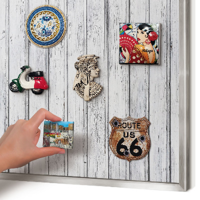 Souvenir magnet display board with a silver frame Light wood